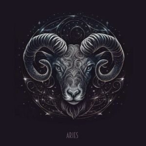 Ilustração mística do signo de Áries, representado por um carneiro imponente com detalhes cósmicos e fundo estrelado.