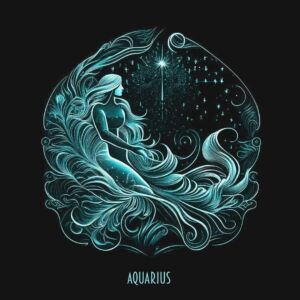 Ilustração artística do signo de Aquário, representado por uma figura feminina fluida e celestial, cercada por padrões cósmicos e ondas de energia, simbolizando sua essência inovadora e visionária.
