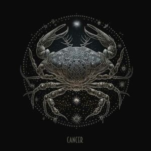 Ilustração detalhada do signo de Câncer, representado por um caranguejo estilizado, cercado por elementos astrológicos em um design místico e celestial.
