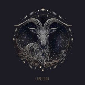 Ilustração mística do signo de Capricórnio, representado por uma cabra imponente com detalhes cósmicos e padrões energéticos, simbolizando disciplina, ambição e força interior.