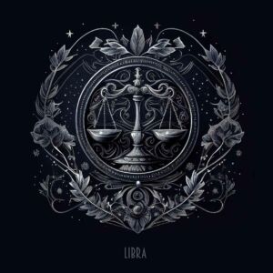 Arte mística do signo de Libra, representado por uma balança simbólica cercada por detalhes cósmicos e ornamentais, refletindo equilíbrio, harmonia e justiça