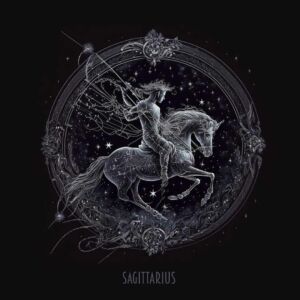 Ilustração mística do signo de Sagitário, representando um arqueiro montado em um cavalo cósmico, cercado por estrelas e símbolos astrológicos.