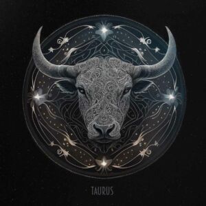 Arte mística do signo de Touro, representado por um touro imponente com detalhes ornamentais e elementos cósmicos, simbolizando força, estabilidade e prosperidade.