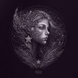Ilustração mística do signo de Virgem, representado por uma mulher detalhista e etérea, cercada por símbolos astrais e padrões celestiais, refletindo sua essência analítica e harmoniosa
