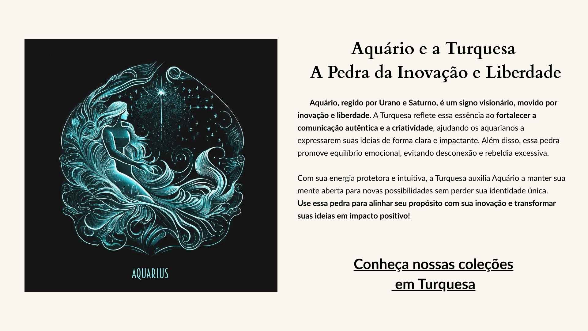 Ilustração mística do signo de Aquário, representado por uma figura feminina fluída envolta em energia cósmica azul, simbolizando inovação, liberdade e conexão com a pedra Turquesa.