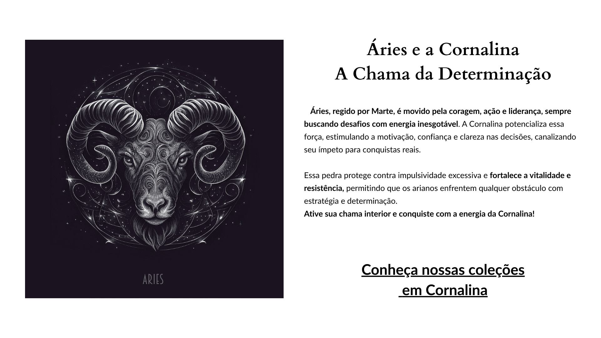 Ilustração mística do signo de Áries, representado por um carneiro imponente com traços detalhados, simbolizando força, determinação e conexão com a energia da Cornalina.