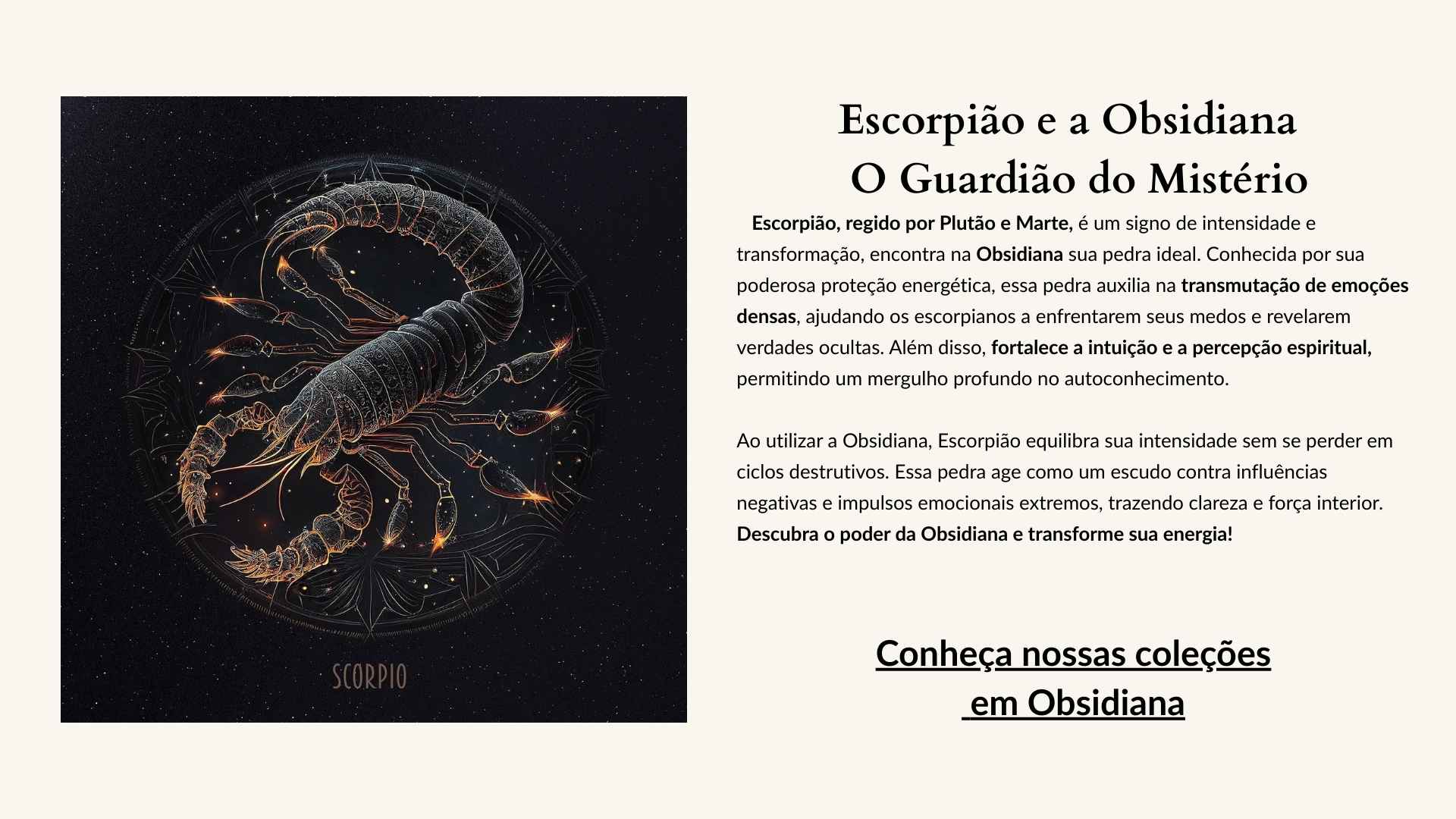 Ilustração mística do signo de Escorpião, representado por um escorpião detalhado com traços brilhantes, simbolizando mistério, intensidade e a energia protetora da Obsidiana.