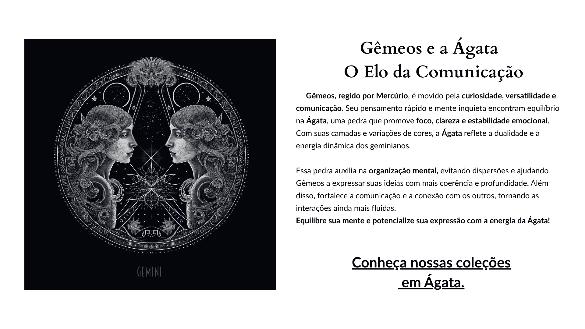 Ilustração artística do signo de Gêmeos, representado por duas figuras espelhadas em um estilo místico, simbolizando dualidade, comunicação e a energia equilibradora da Ágata.