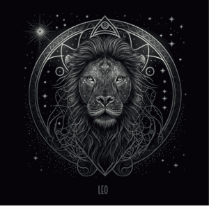 Ilustração artística do signo de Leão, representado por um leão majestoso com detalhes cósmicos e místicos, simbolizando força, liderança e a energia protetora do Olho de Tigre
