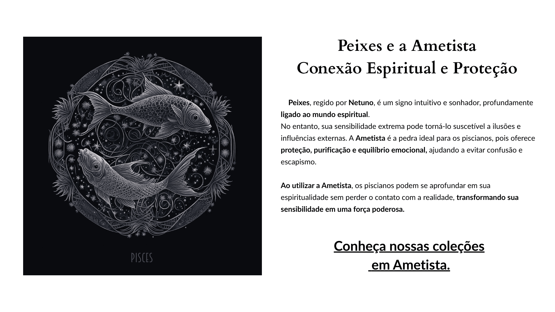 Ilustração artística do signo de Peixes com dois peixes entrelaçados em um círculo místico, representando a espiritualidade e a conexão com a ametista.